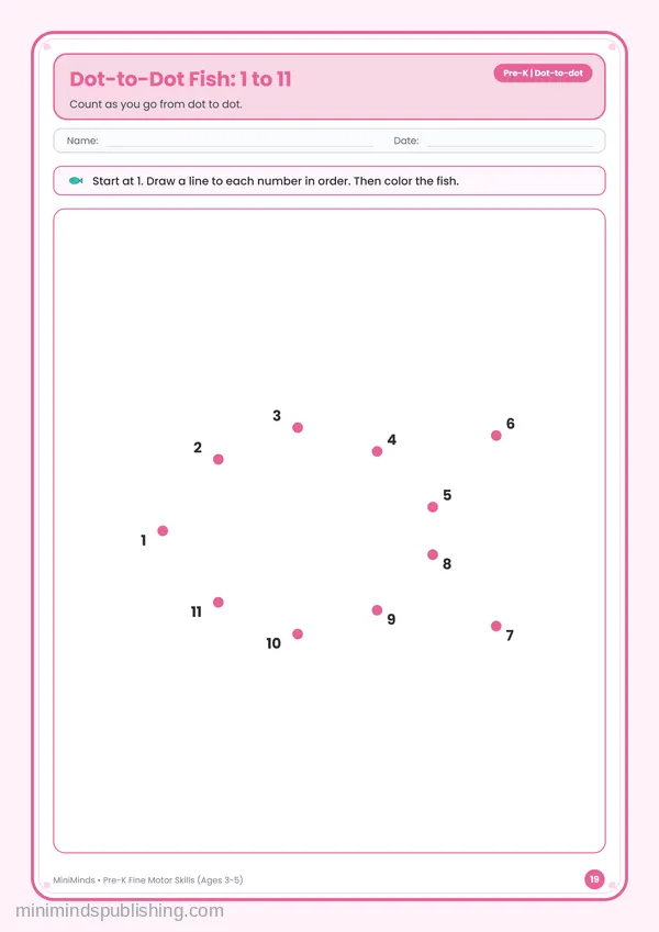 Dot-to-Dot Fish: 1 to 11 — free printable Pre-K worksheet