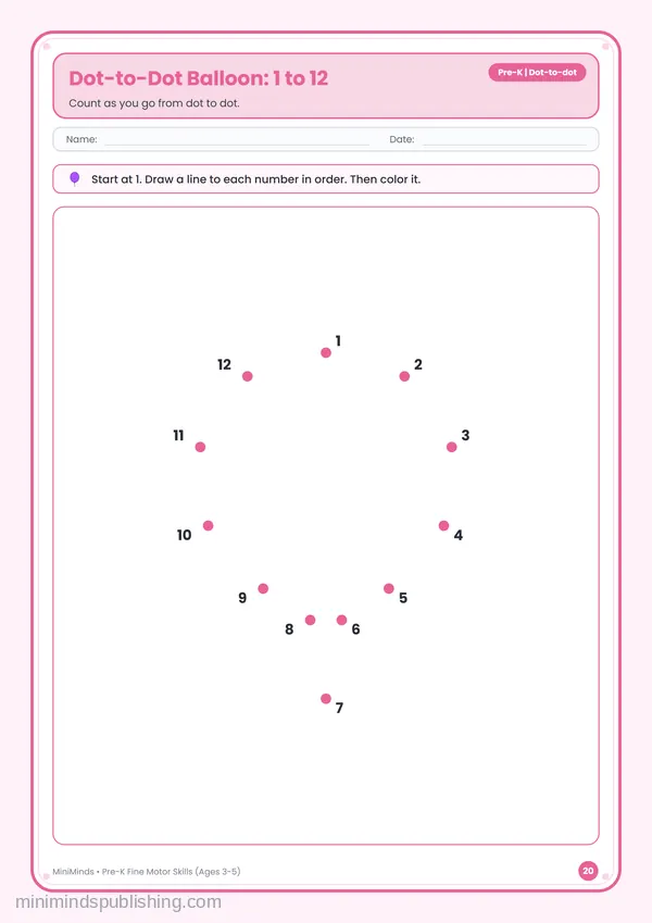 Dot-to-Dot Balloon: 1 to 12 — free printable Pre-K worksheet