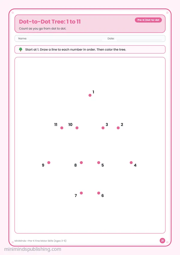 Dot-to-Dot Tree: 1 to 11 — free printable Pre-K worksheet