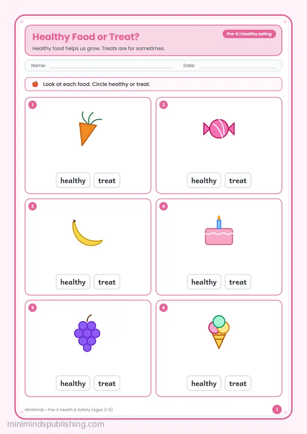Healthy Food or Treat? — free printable Pre-K worksheet