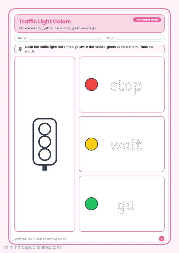 Traffic Light Colors — free printable Pre-K worksheet