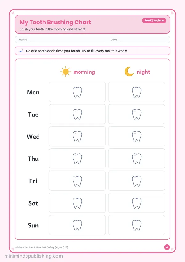 My Tooth Brushing Chart — free printable Pre-K worksheet