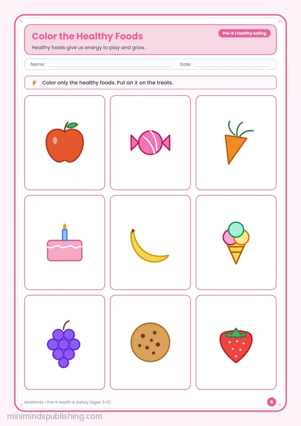 Color the Healthy Foods — free printable Pre-K worksheet