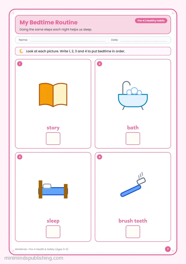 My Bedtime Routine — free printable Pre-K worksheet