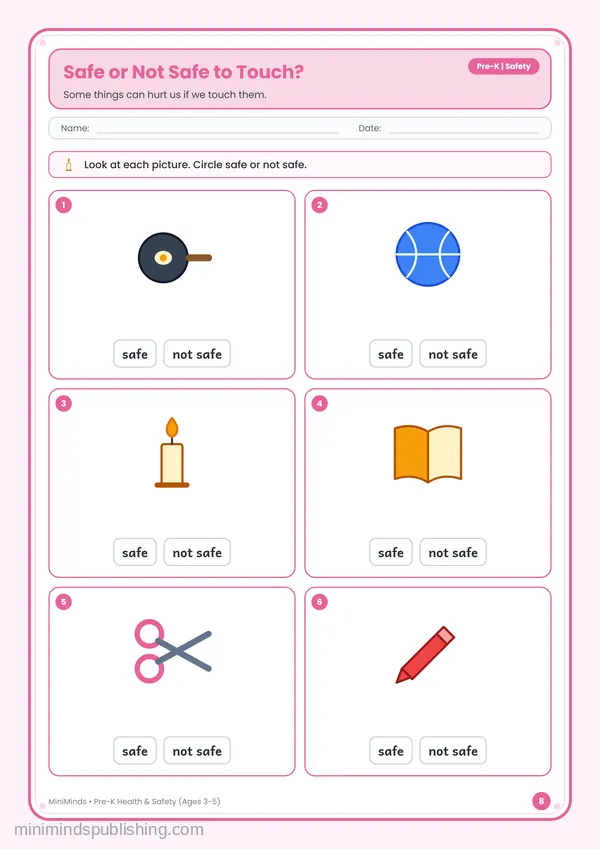 Safe or Not Safe to Touch? — free printable Pre-K worksheet