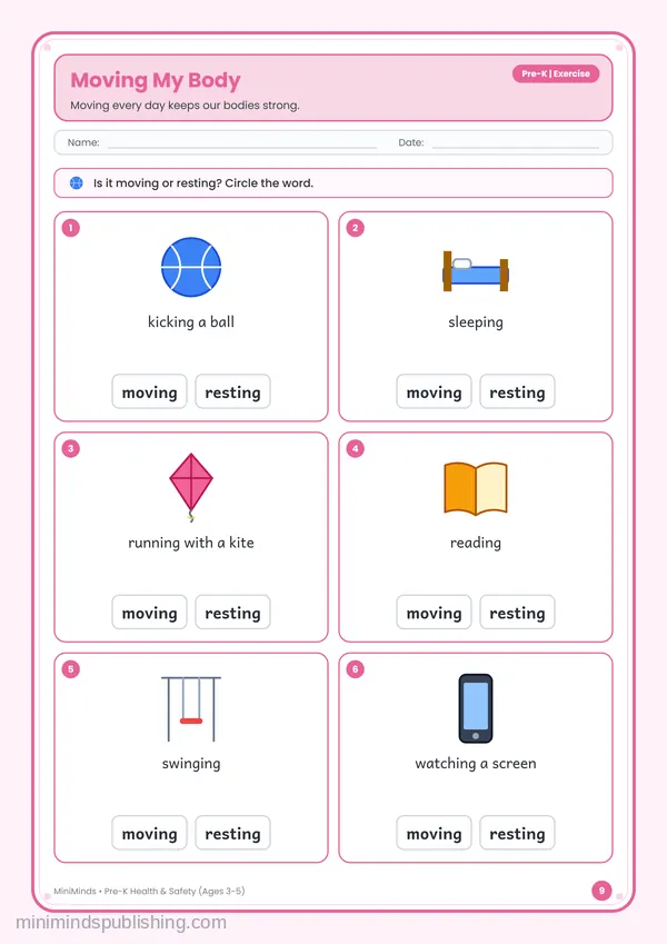 Moving My Body — free printable Pre-K worksheet
