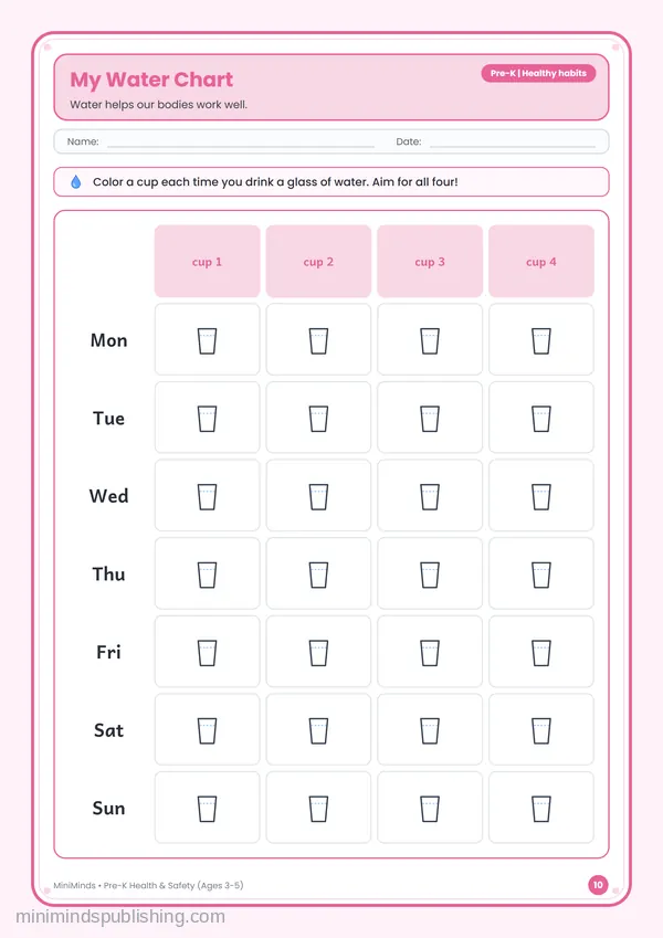 My Water Chart — free printable Pre-K worksheet