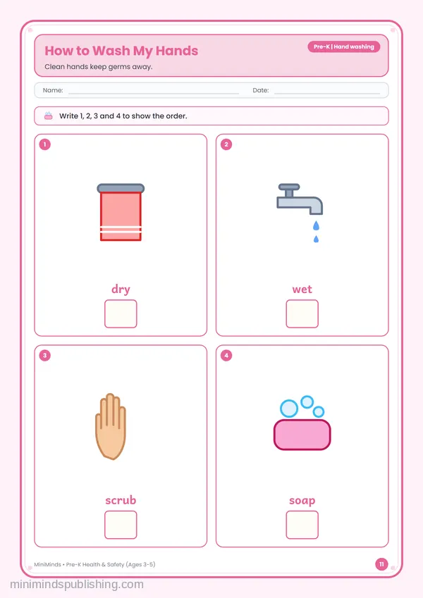 How to Wash My Hands — free printable Pre-K worksheet
