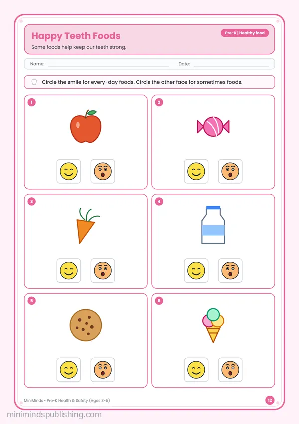 Happy Teeth Foods — free printable Pre-K worksheet