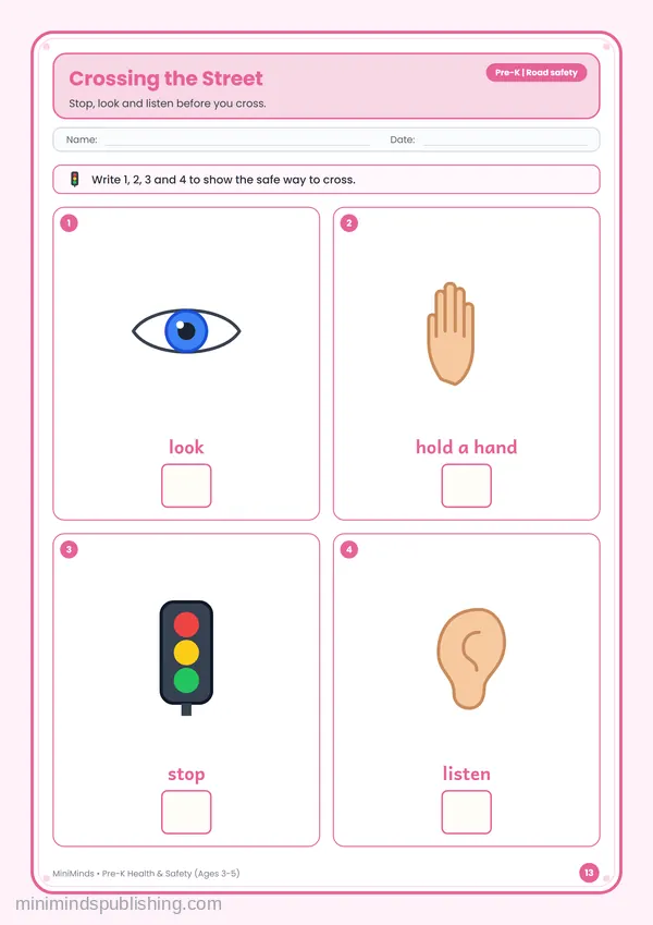 Crossing the Street — free printable Pre-K worksheet