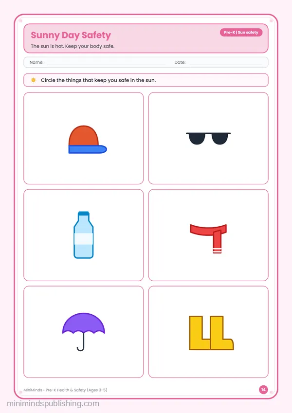 Sunny Day Safety — free printable Pre-K worksheet