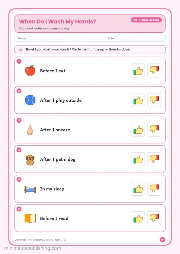 When Do I Wash My Hands? — free printable Pre-K worksheet