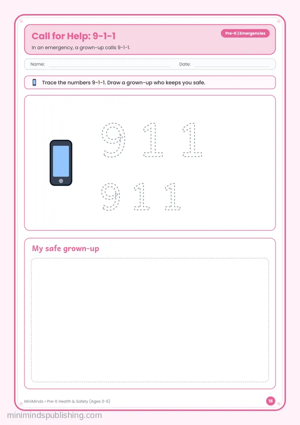 Call for Help: 9-1-1 — free printable Pre-K worksheet