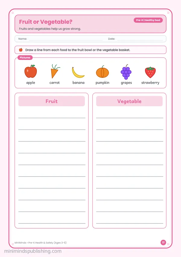 Fruit or Vegetable? — free printable Pre-K worksheet