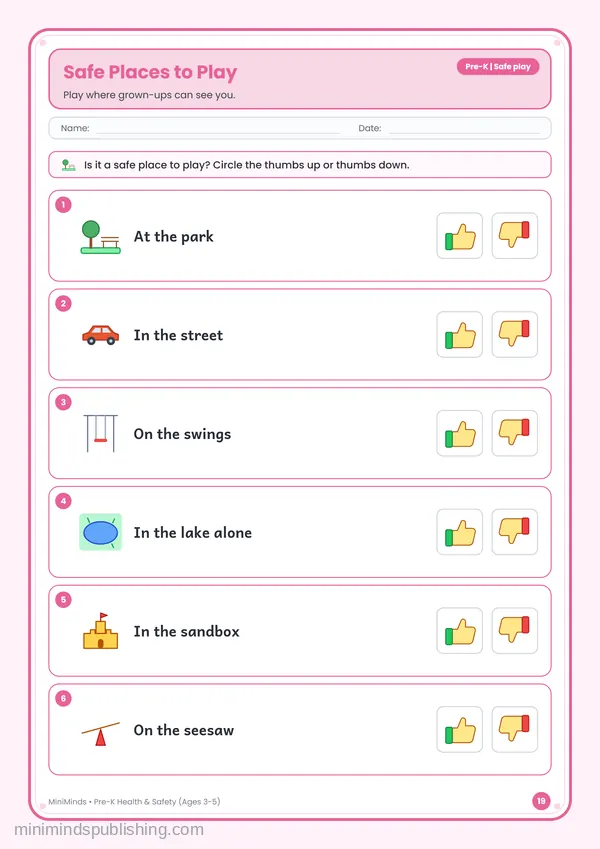 Safe Places to Play — free printable Pre-K worksheet