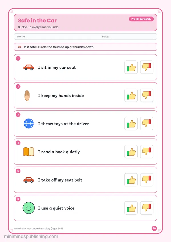 Safe in the Car — free printable Pre-K worksheet