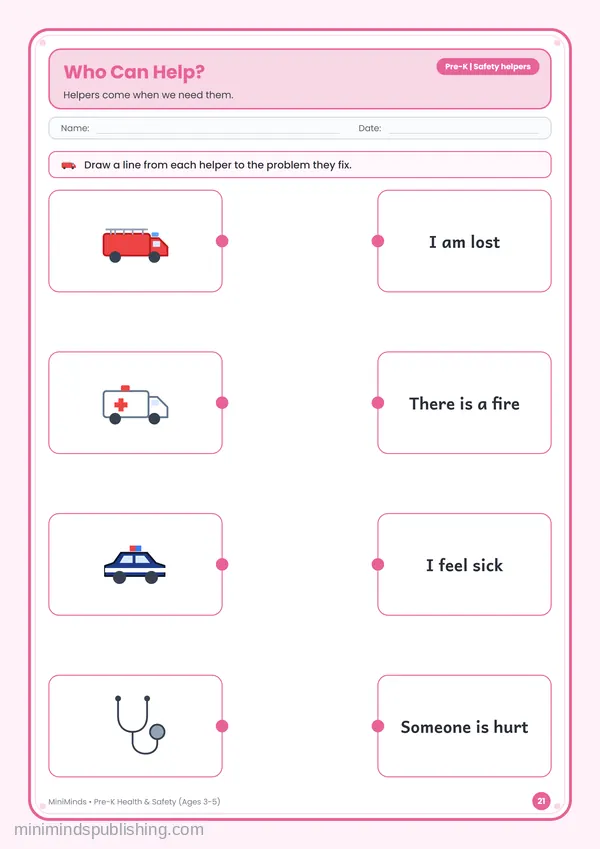Who Can Help? — free printable Pre-K worksheet
