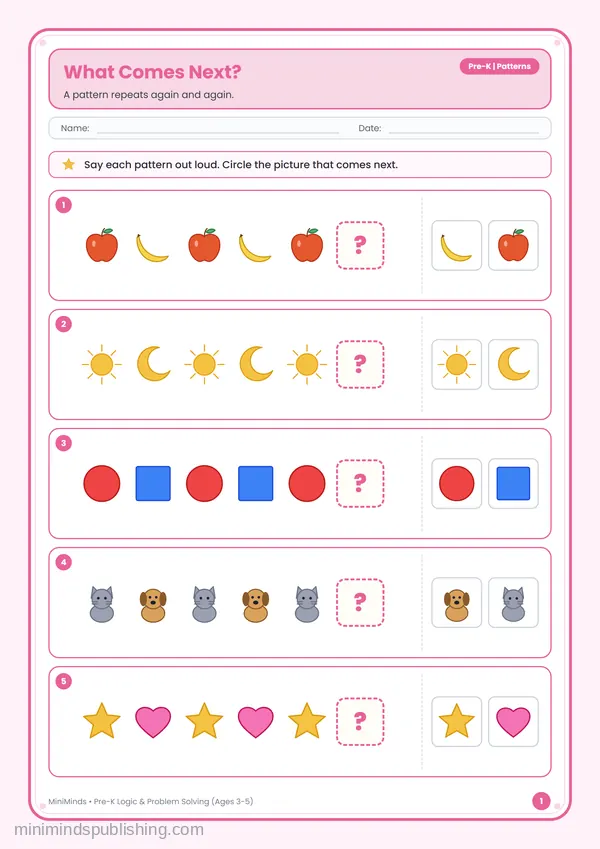 What Comes Next? — free printable Pre-K worksheet