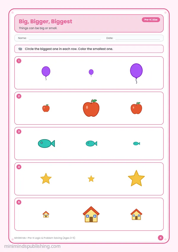 Big, Bigger, Biggest — free printable Pre-K worksheet