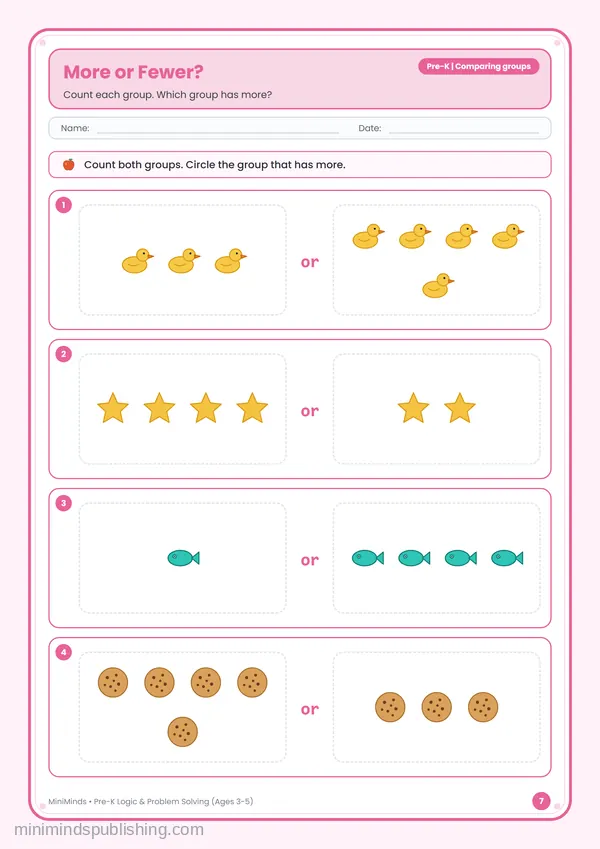 More or Fewer? — free printable Pre-K worksheet