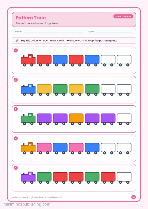Pattern Train — free printable Pre-K worksheet