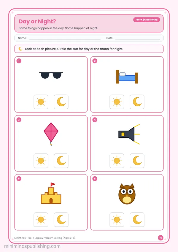 Day or Night? — free printable Pre-K worksheet