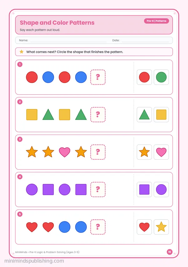 Shape and Color Patterns — free printable Pre-K worksheet
