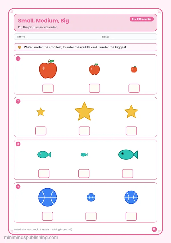 Small, Medium, Big — free printable Pre-K worksheet