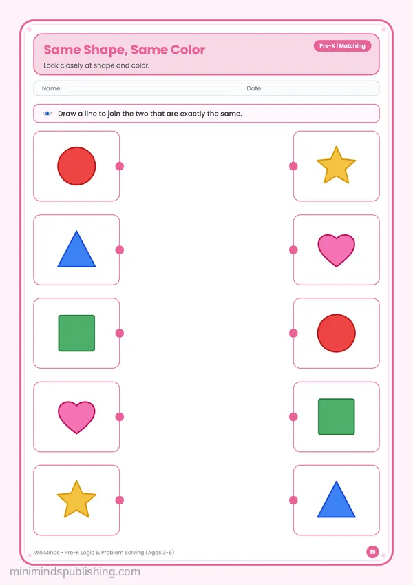 Same Shape, Same Color — free printable Pre-K worksheet
