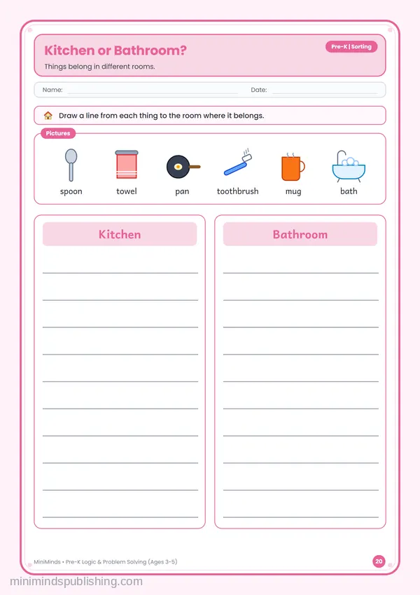 Kitchen or Bathroom? — free printable Pre-K worksheet