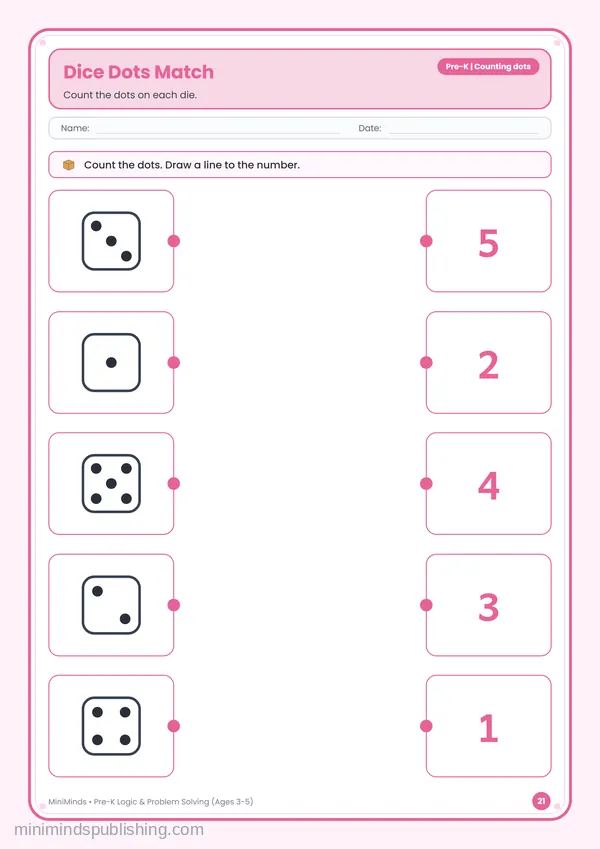 Dice Dots Match — free printable Pre-K worksheet