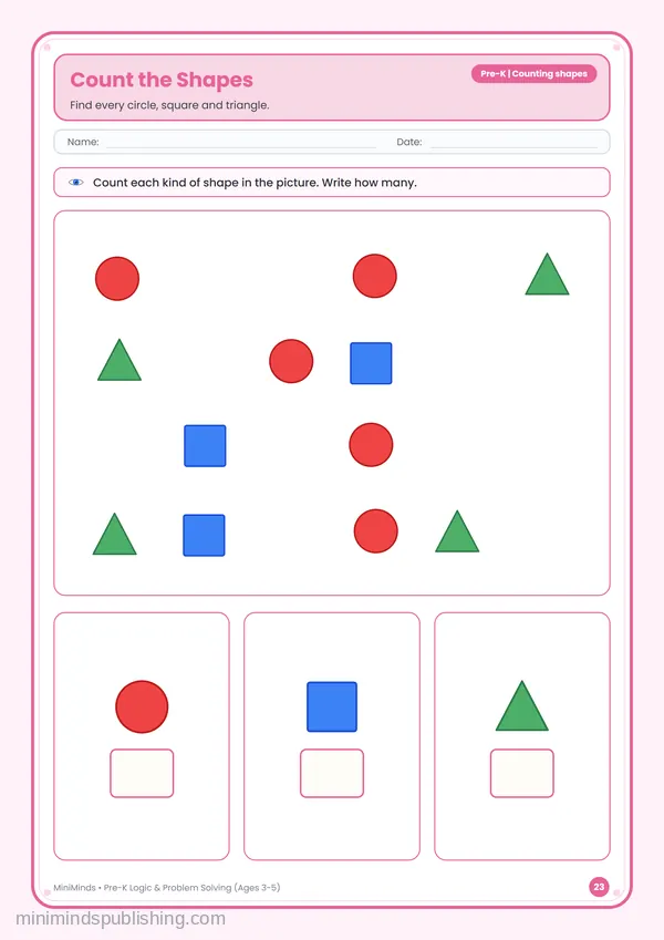 Count the Shapes — free printable Pre-K worksheet