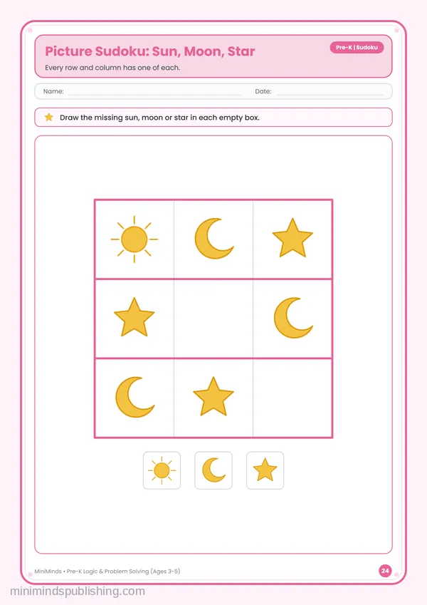 Picture Sudoku: Sun, Moon, Star — free printable Pre-K worksheet