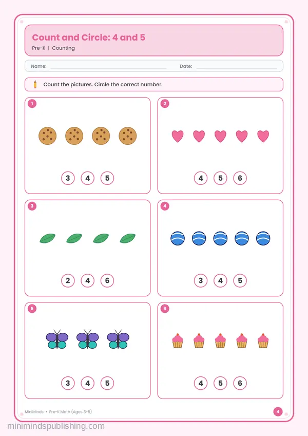 Count and Circle: 4 and 5 — free printable Pre-K math worksheet for ages 3-5