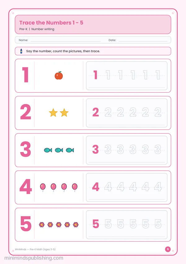 Trace the Numbers 1 - 5 — free printable Pre-K math worksheet for ages 3-5