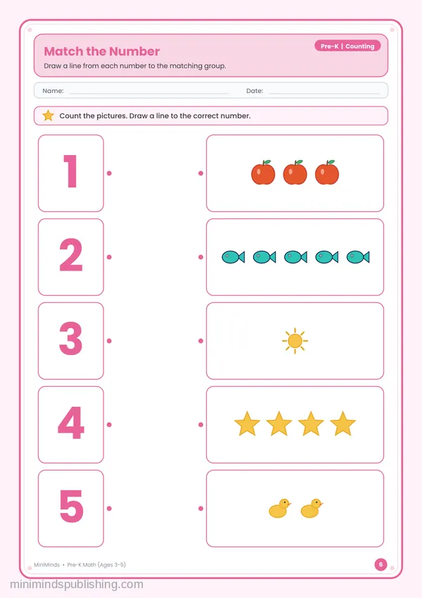 Match the Number — free printable Pre-K math worksheet for ages 3-5