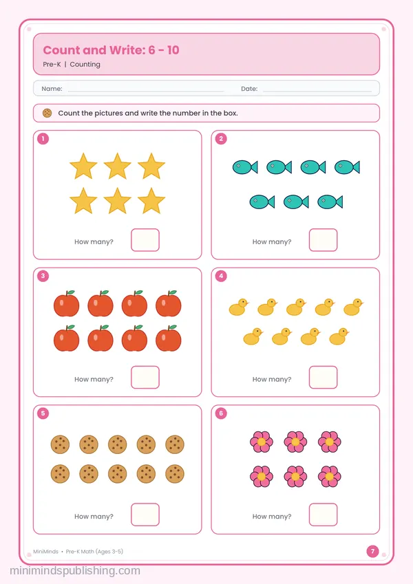 Count and Write: 6 - 10 — free printable Pre-K math worksheet for ages 3-5