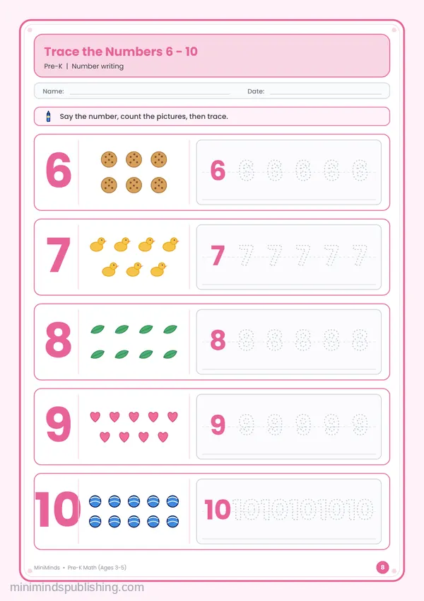 Trace the Numbers 6 - 10 — free printable Pre-K math worksheet for ages 3-5