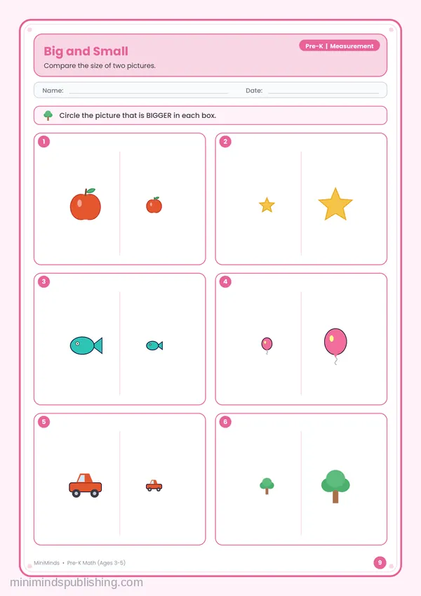 Big and Small — free printable Pre-K math worksheet for ages 3-5