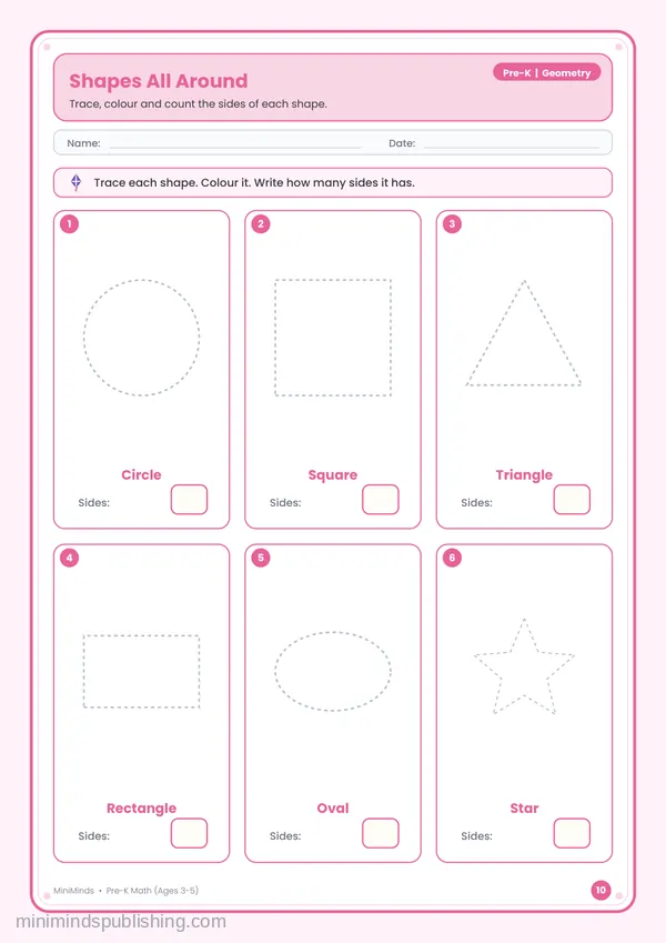 Shapes All Around — free printable Pre-K math worksheet for ages 3-5