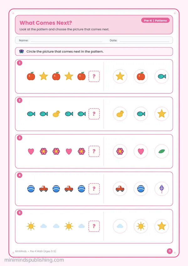 What Comes Next? — free printable Pre-K math worksheet for ages 3-5