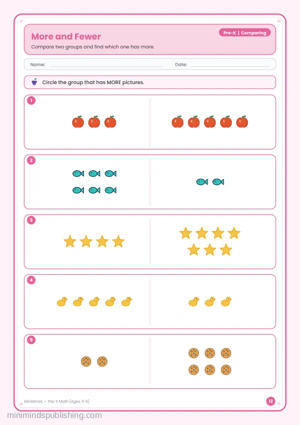 More and Fewer — free printable Pre-K math worksheet for ages 3-5