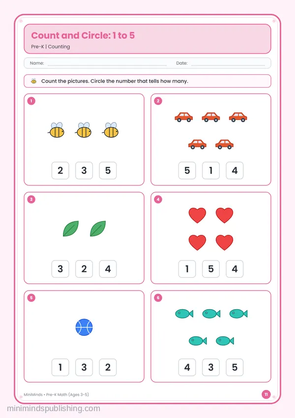Count and Circle: 1 to 5 — free printable Pre-K math worksheet for ages 3-5