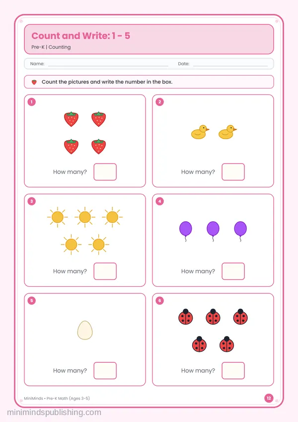 Count and Write: 1 - 5 — free printable Pre-K math worksheet for ages 3-5