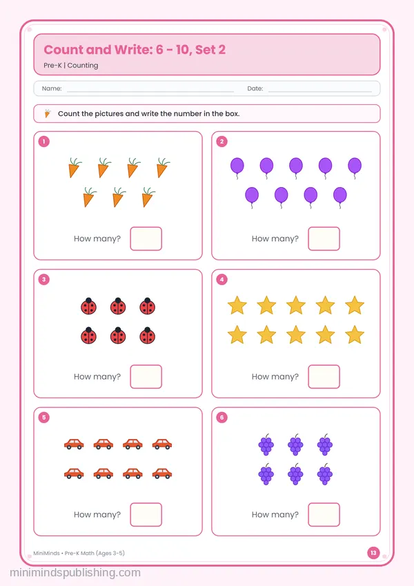 Count and Write: 6 - 10, Set 2 — free printable Pre-K math worksheet for ages 3-5