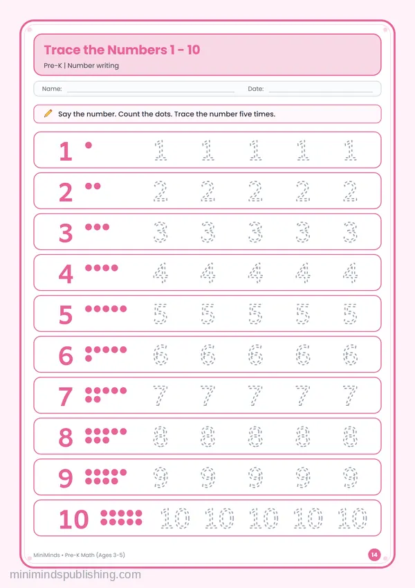 Trace the Numbers 1 - 10 — free printable Pre-K math worksheet for ages 3-5