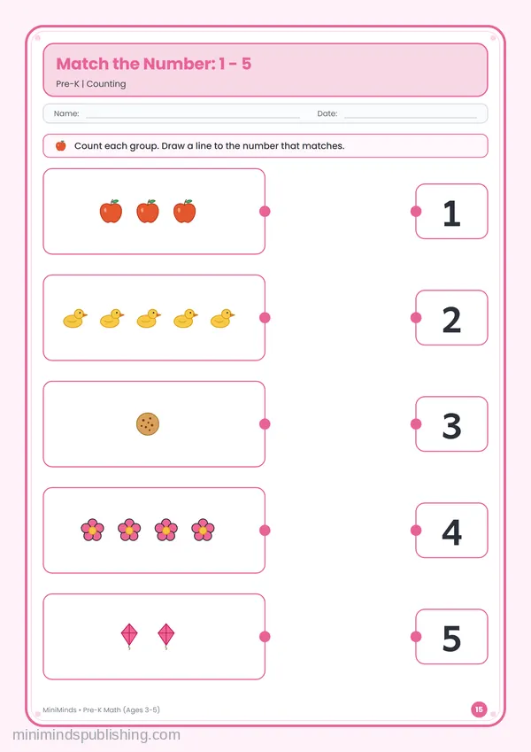 Match the Number: 1 - 5 — free printable Pre-K math worksheet for ages 3-5