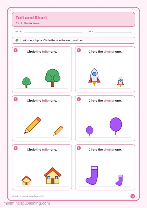 Tall and Short — free printable Pre-K math worksheet for ages 3-5