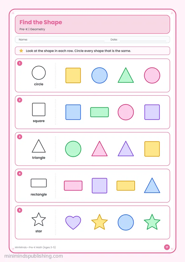 Find the Shape — free printable Pre-K math worksheet for ages 3-5