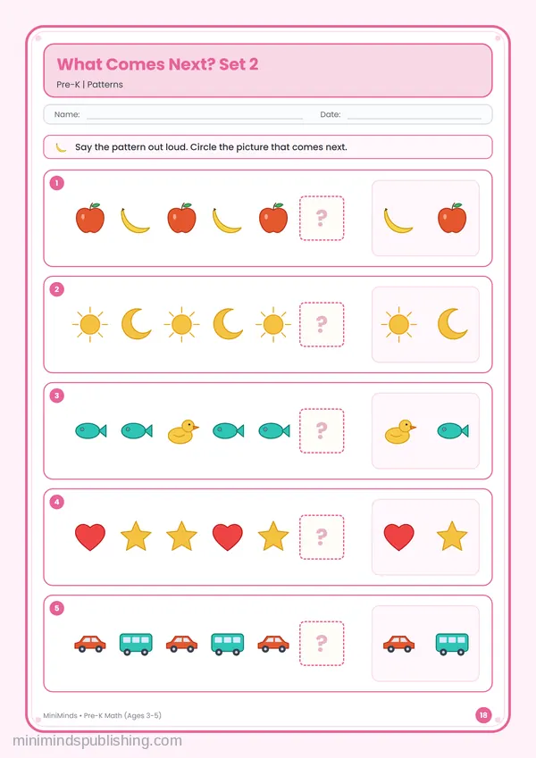 What Comes Next? Set 2 — free printable Pre-K math worksheet for ages 3-5